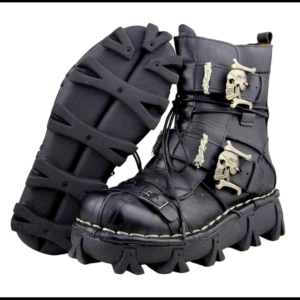 Black Leather Skull Combat Boots